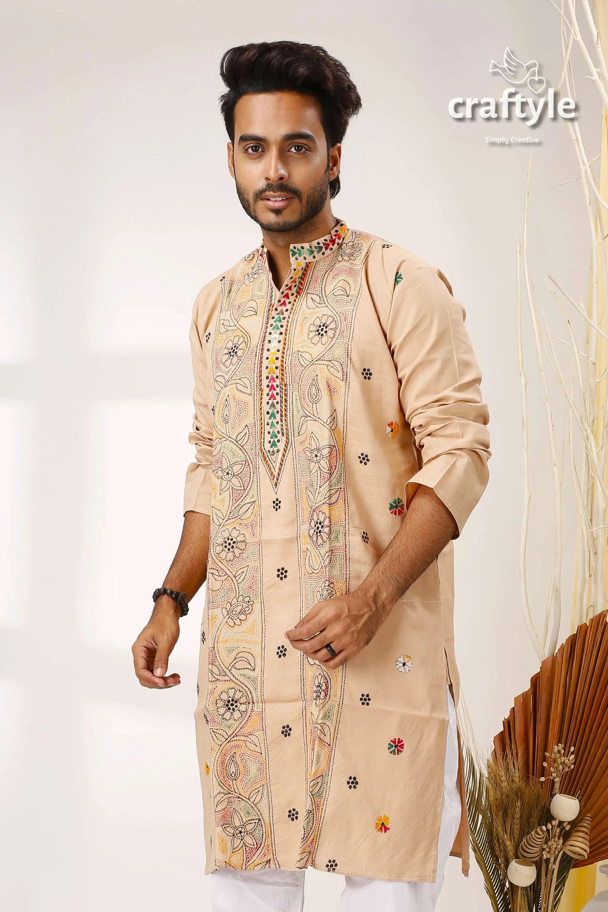 Sandal kantha embroidery work cotton kurta for men beige embroidered intricate floral 2