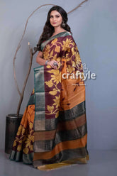 Sandstone orange pure tussar silk hand painted saree for women floral-patterned saree 3