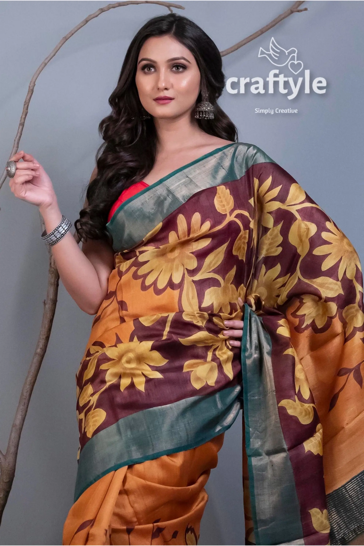 Sandstone orange pure tussar silk hand painted saree for women floral patterned saree green border 2