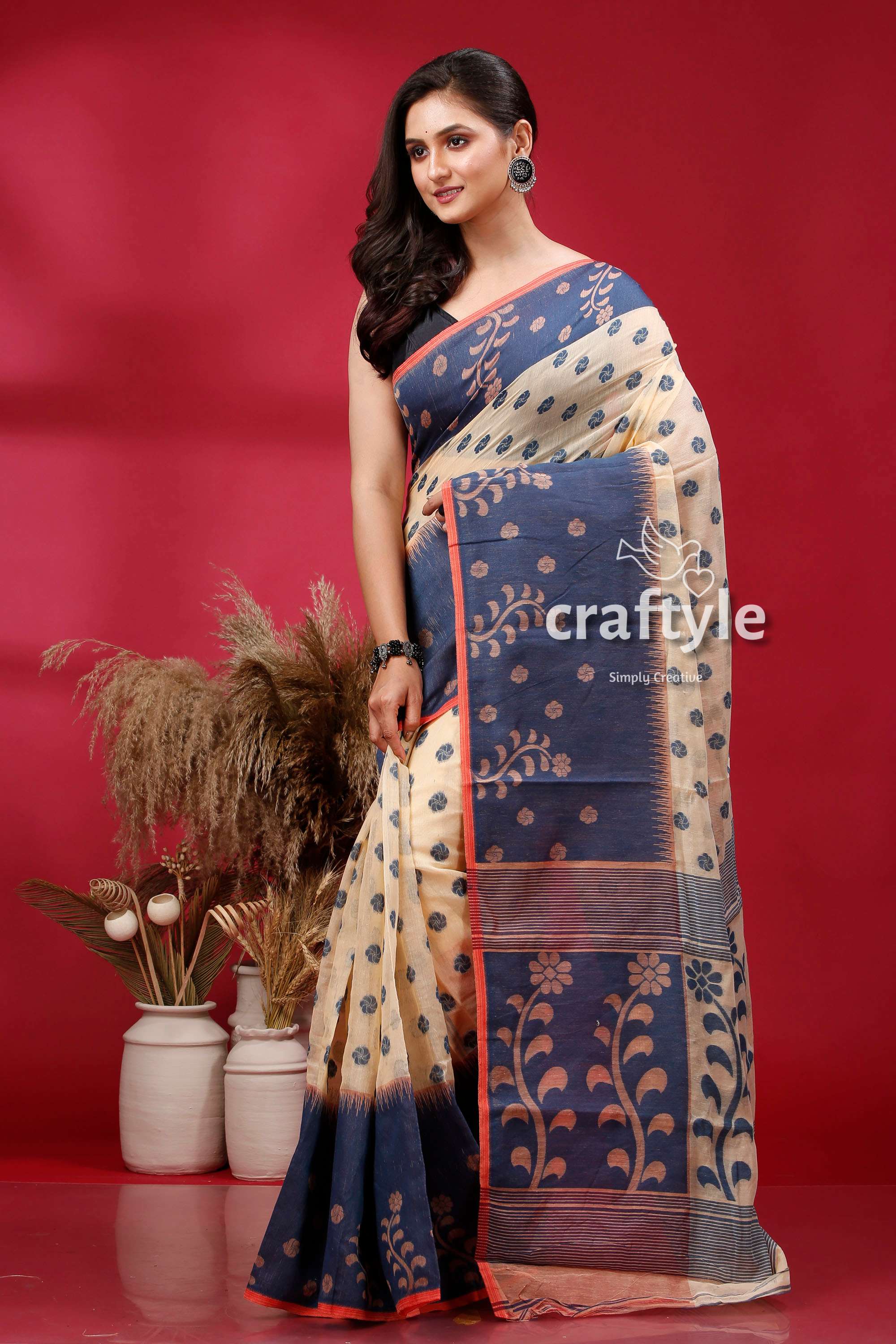 Sandy Beach and Blue Floral Motif Jamdani Saree - Craftyle