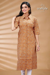 Sandy brown cotton ajrakh printed straight kurti with collar collared patterned orange kurta 2