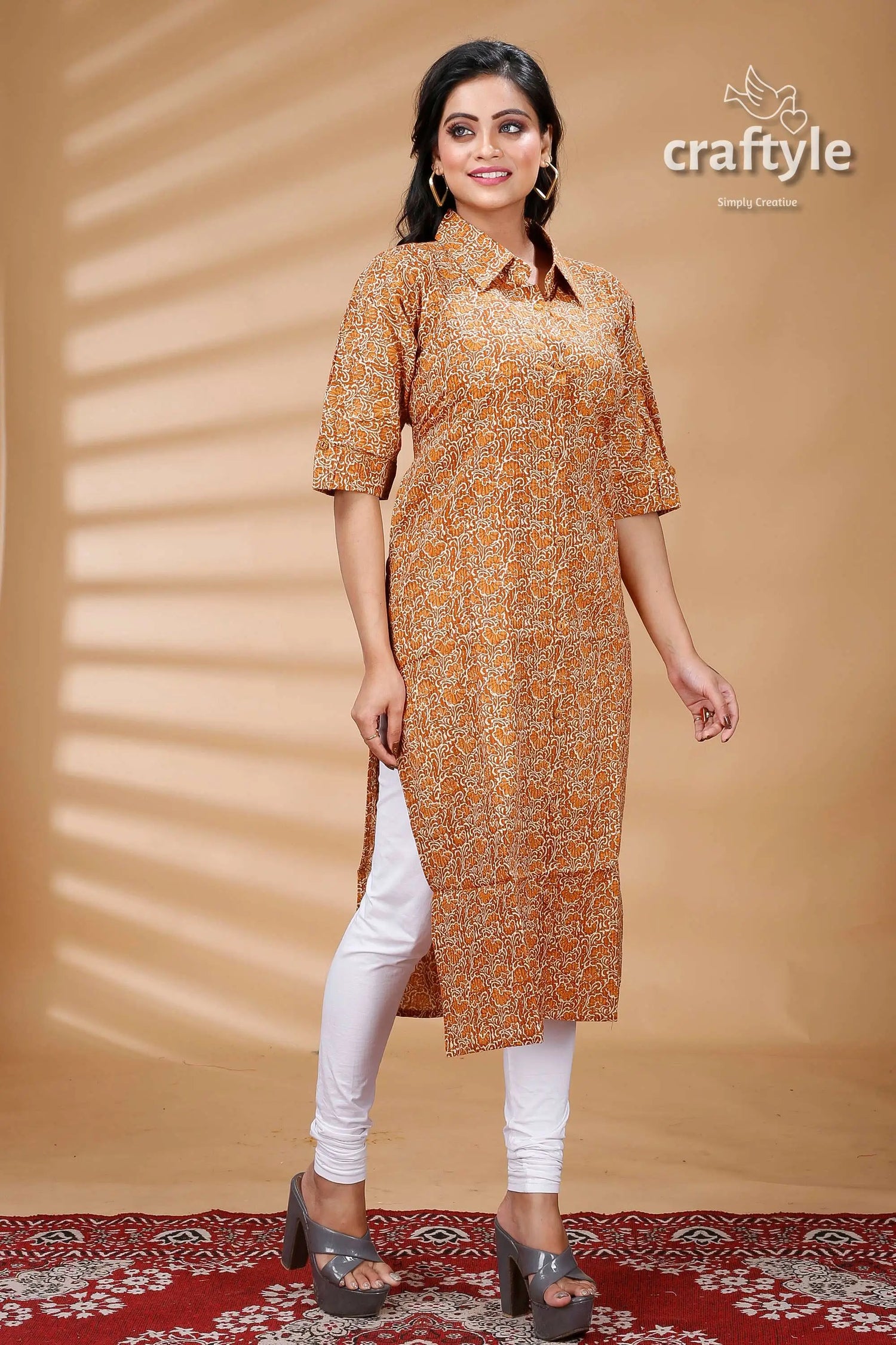 Sandy brown cotton ajrakh printed straight kurti with collar woman’s patterned collared kurta white 3