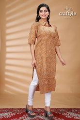 Sandy brown cotton ajrakh printed straight kurti with collar woman’s patterned collared kurta white 3