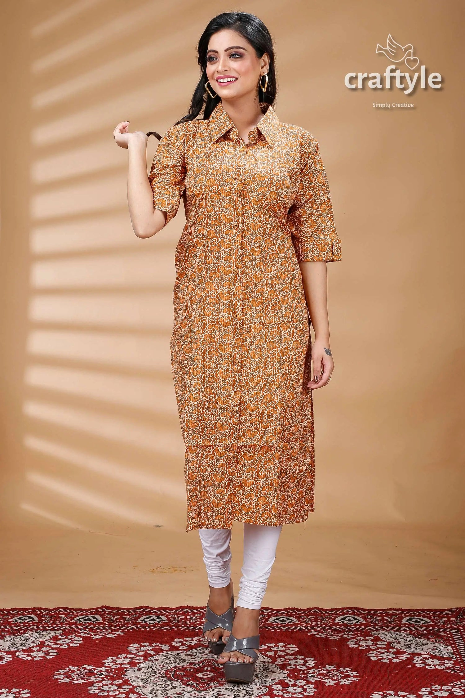 Sandy brown cotton ajrakh printed straight kurti with collar woman’s patterned collared tunic 1