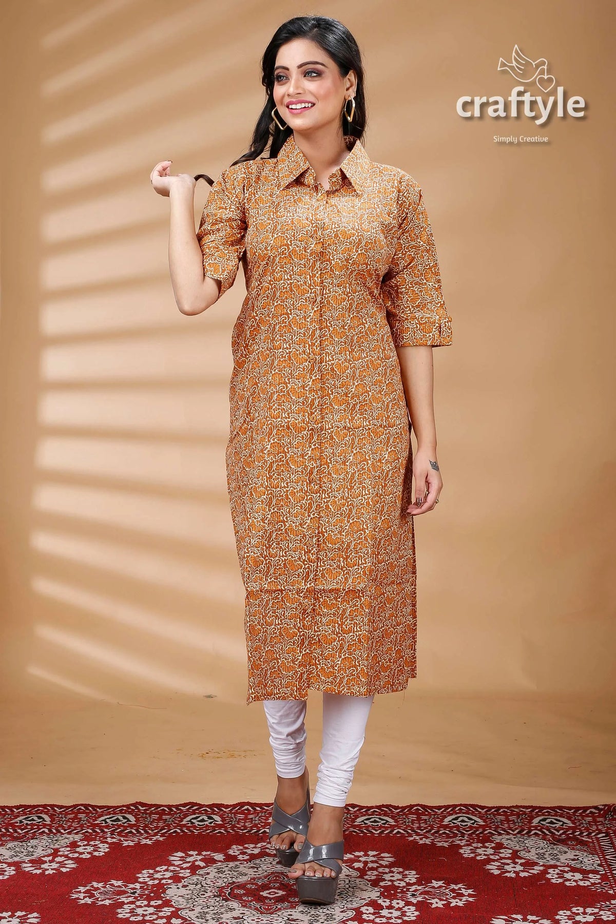 Sandy brown cotton ajrakh printed straight kurti with collar woman’s patterned collared tunic 1