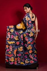 Sandy yellow handcrafted batik mulberry pure silk saree batik-printed saree marine life motifs 4