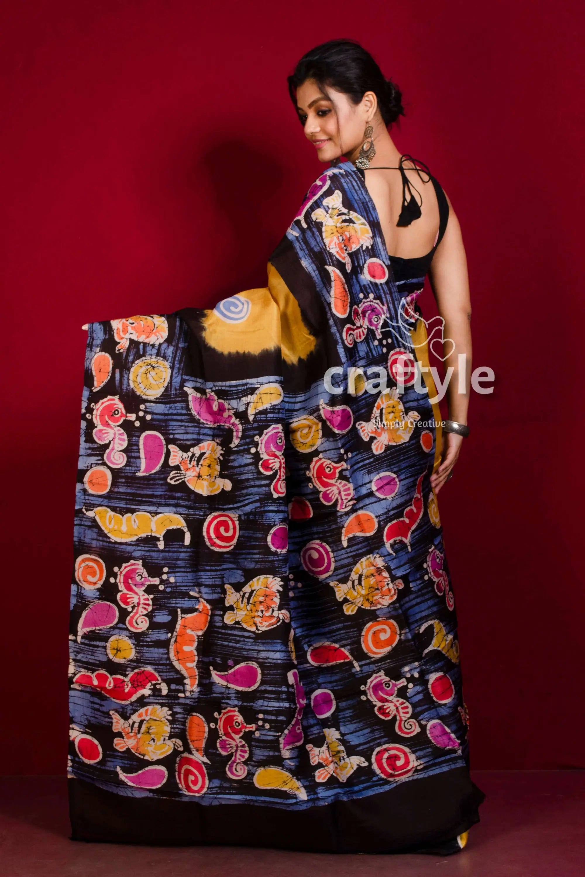 Sandy yellow handcrafted batik mulberry pure silk saree batik-printed saree marine life motifs 4