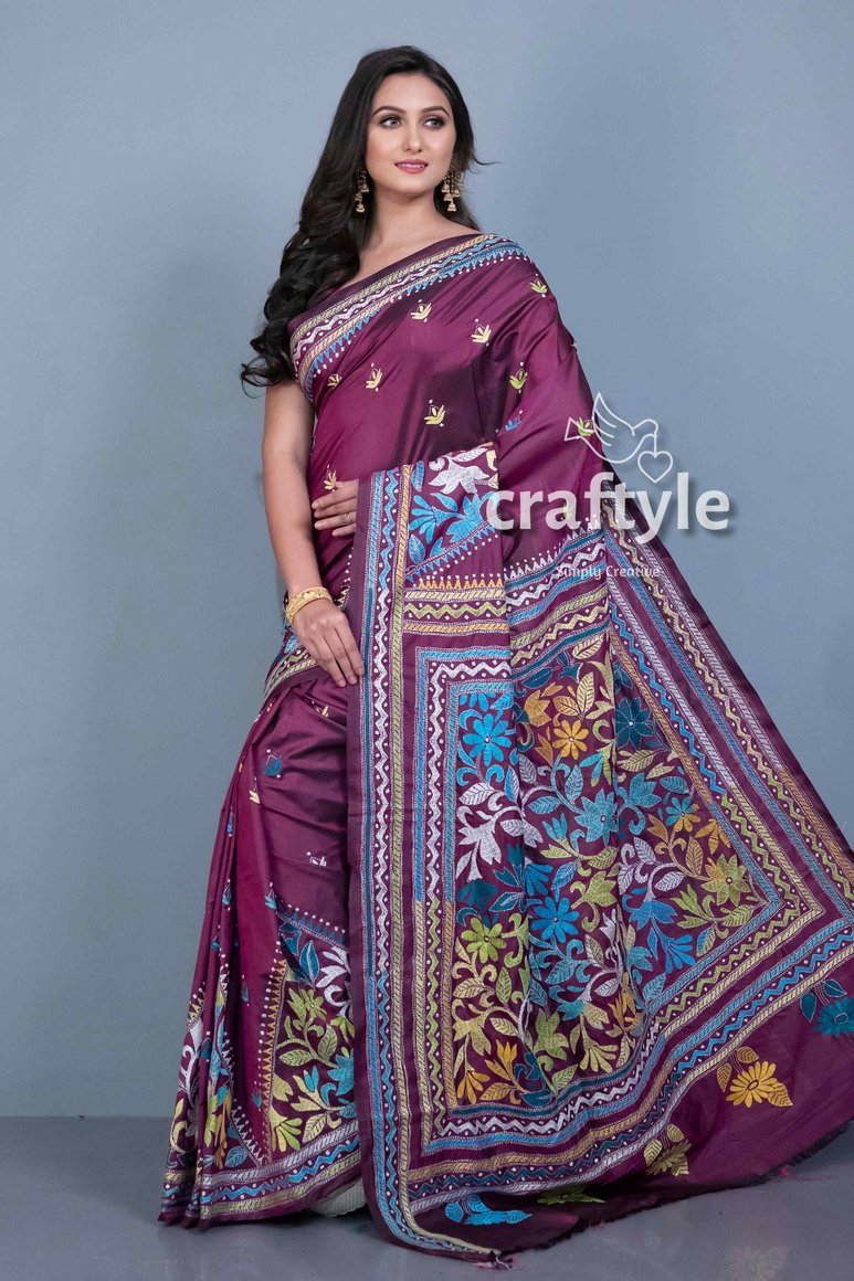 Sangria Purple Blended Bangalore Silk Kantha Work Saree-Craftyle