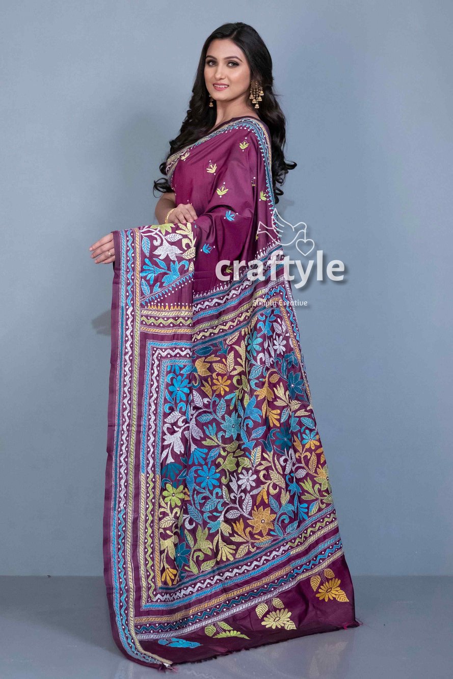Sangria Purple Blended Bangalore Silk Kantha Work Saree-Craftyle