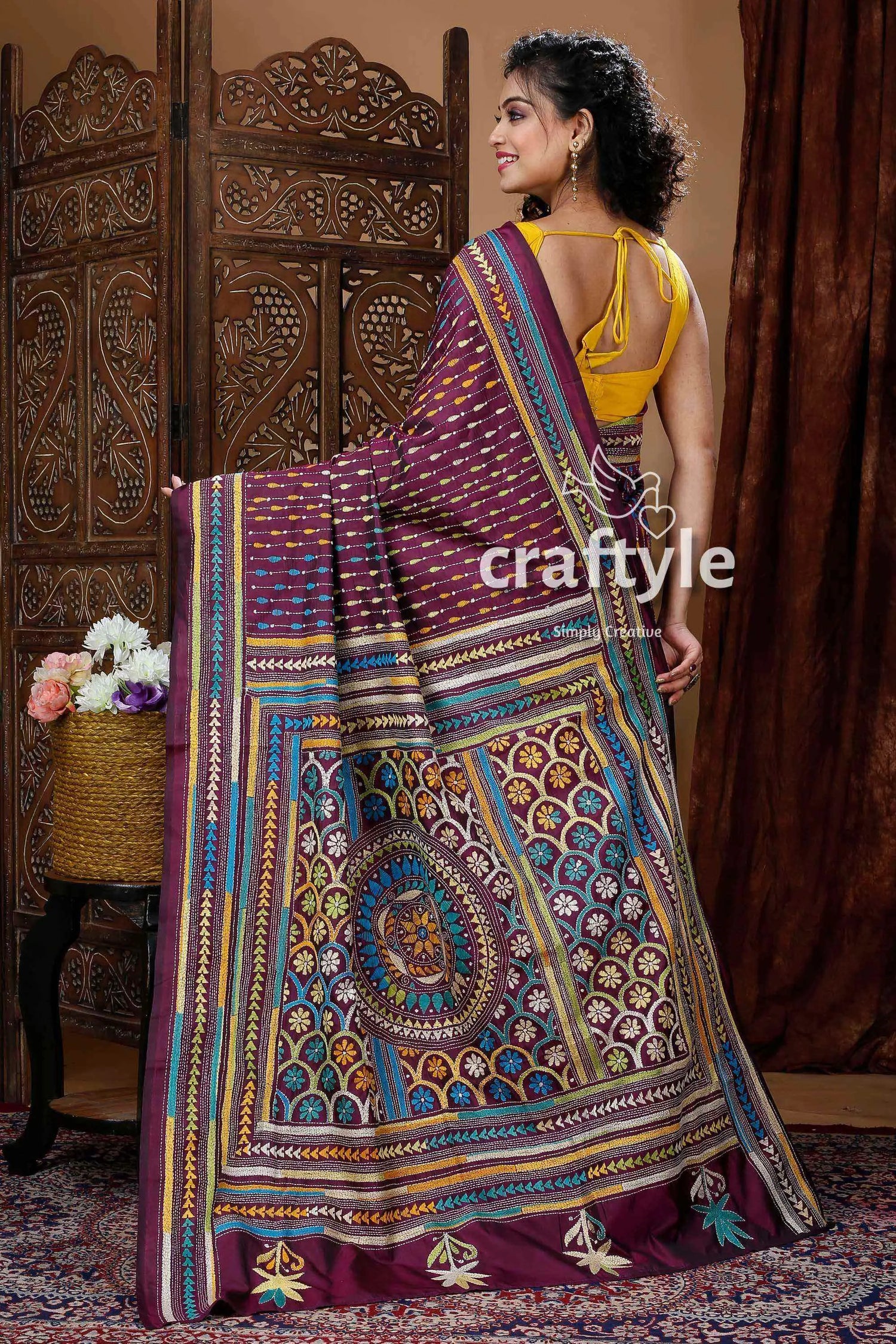 Sangria purple exclusive kantha silk saree burgundy saree geometric floral patterns 3