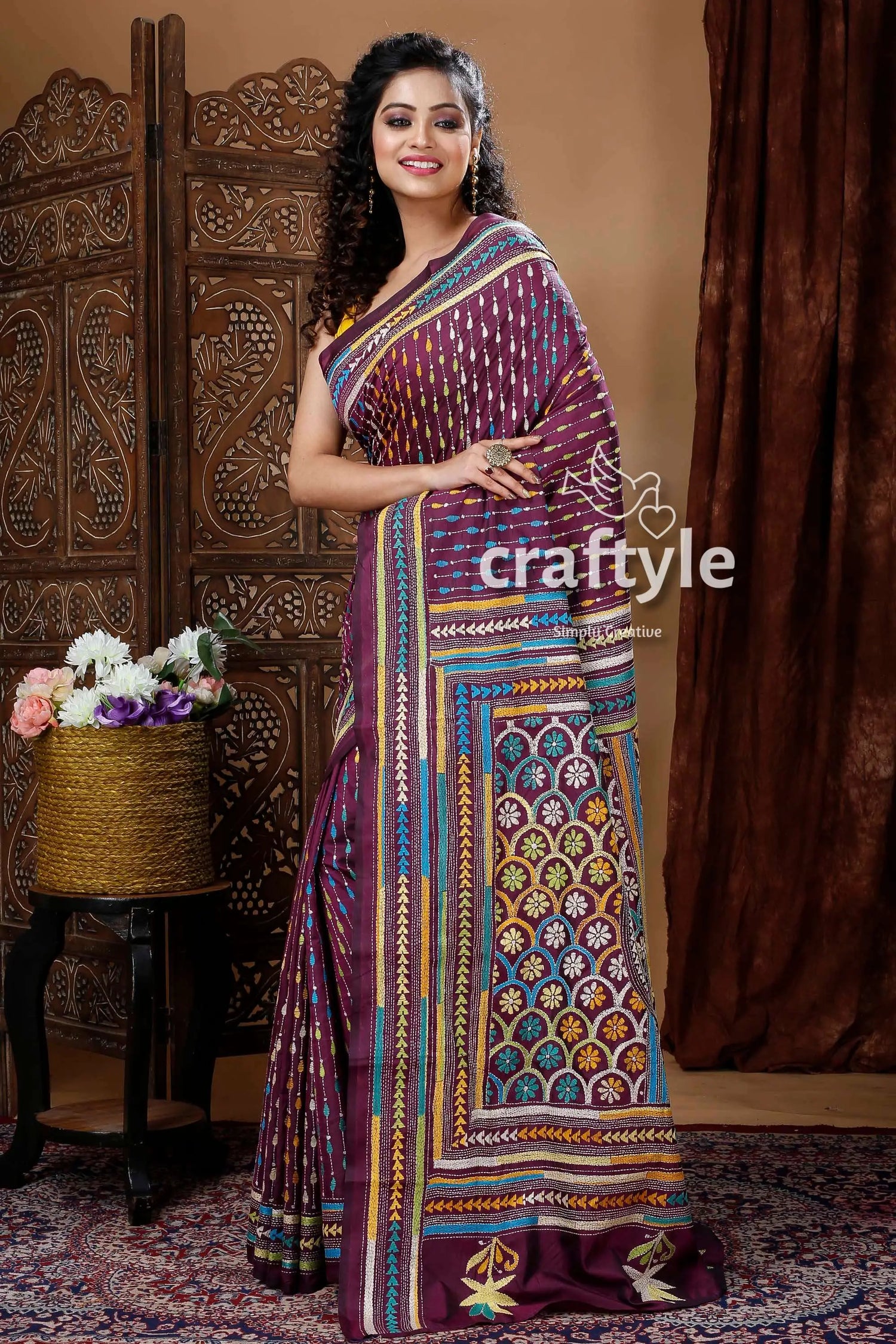 Sangria purple exclusive kantha silk saree woman patterned purple saree 4