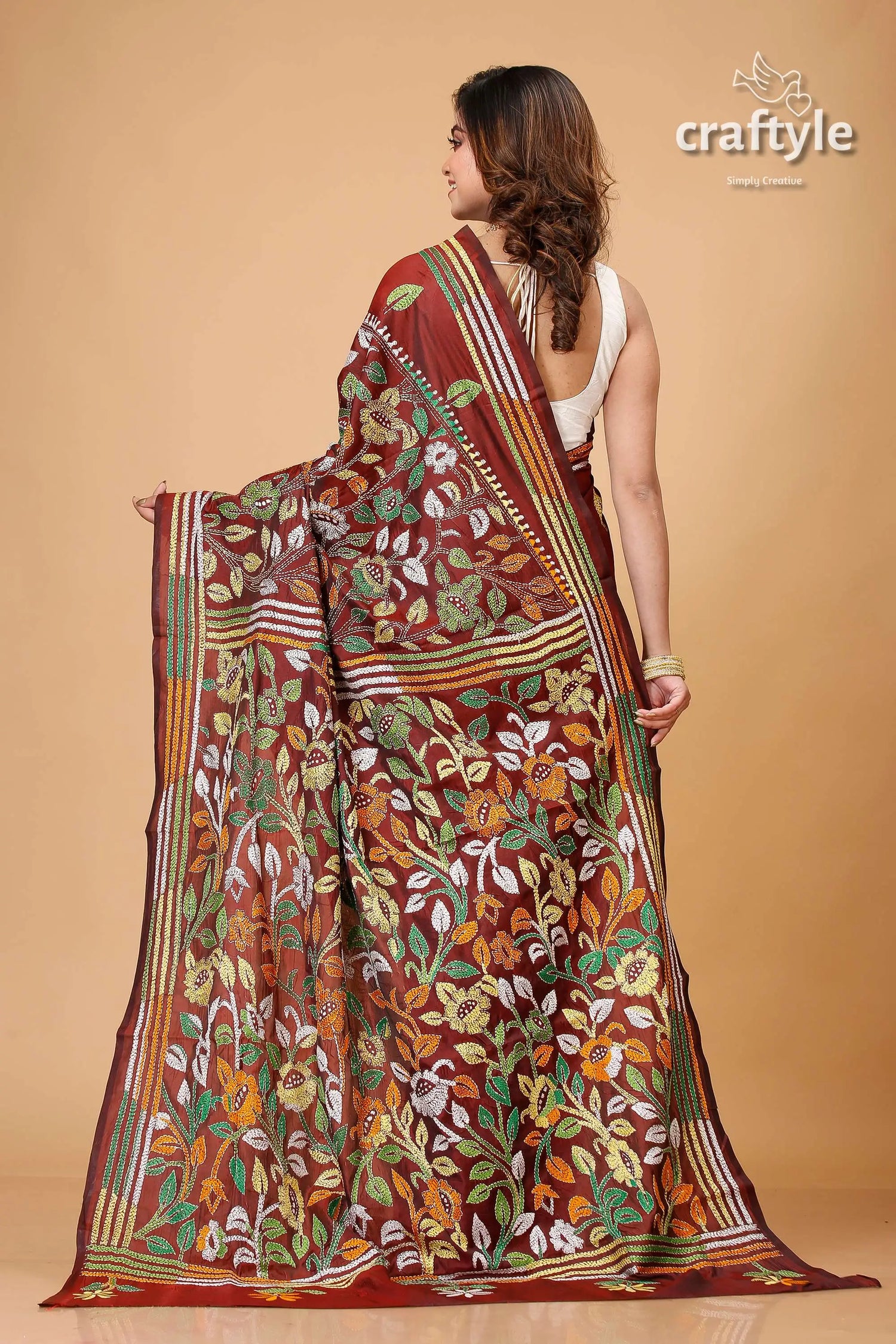 Sanguine brown leaf motif silk kantha saree maroon floral embroidered saree 5