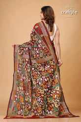 Sanguine brown leaf motif silk kantha saree maroon floral embroidered saree 5