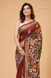 Sanguine brown leaf motif silk kantha saree maroon saree floral embroidery 2