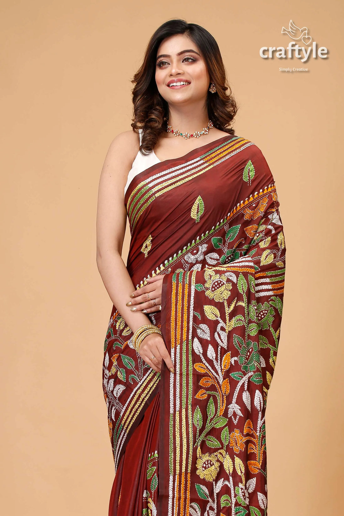 Sanguine brown leaf motif silk kantha saree maroon saree floral embroidery 2
