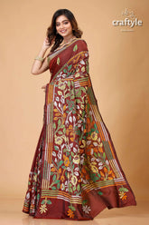 Sanguine brown leaf motif silk kantha saree maroon saree floral embroidery 3