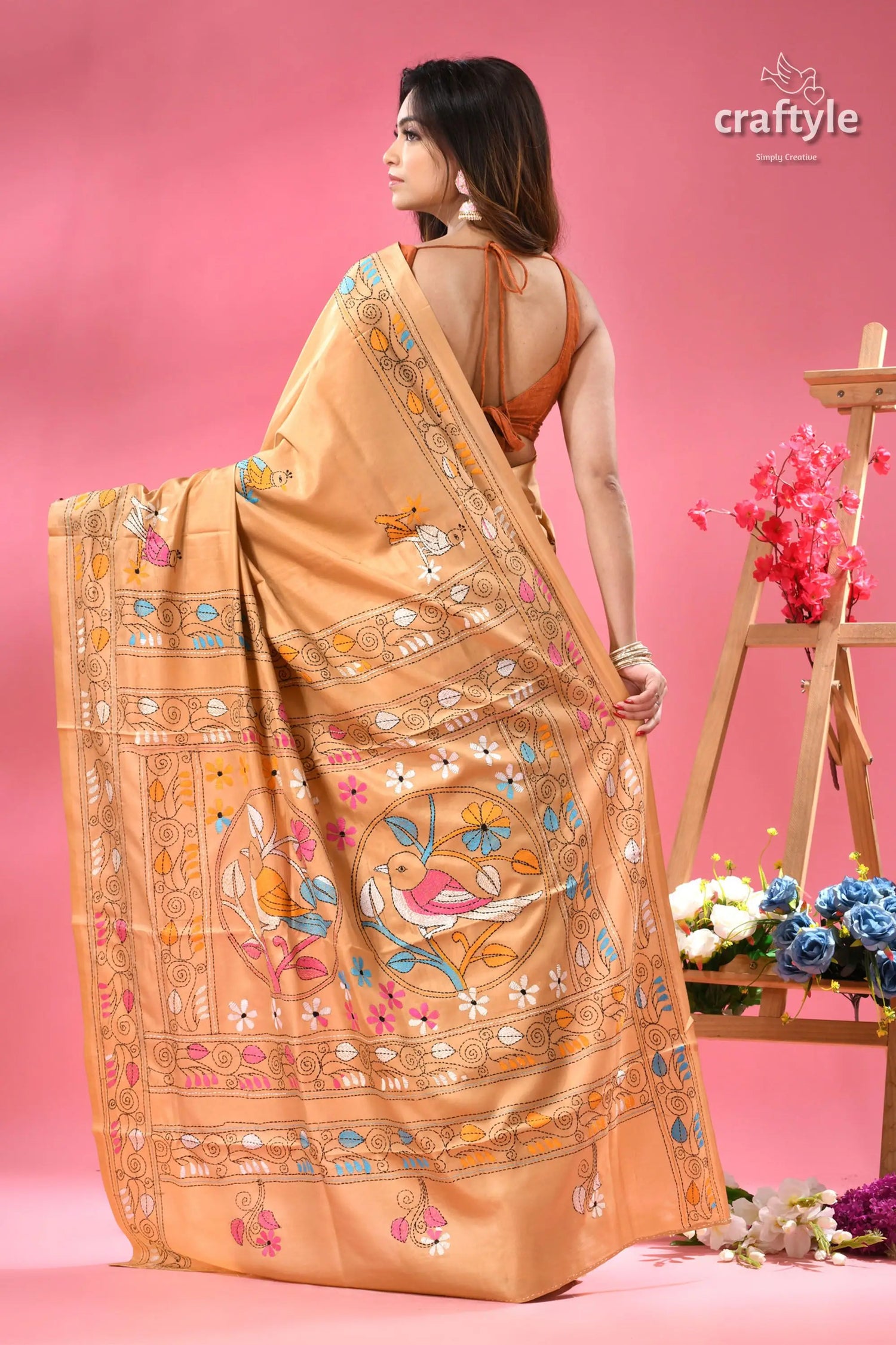 Sapling multicolor nature theme kantha silk saree light orange saree colorful bird 4