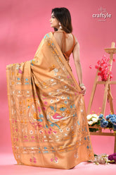 Sapling multicolor nature theme kantha silk saree light orange saree colorful bird 4
