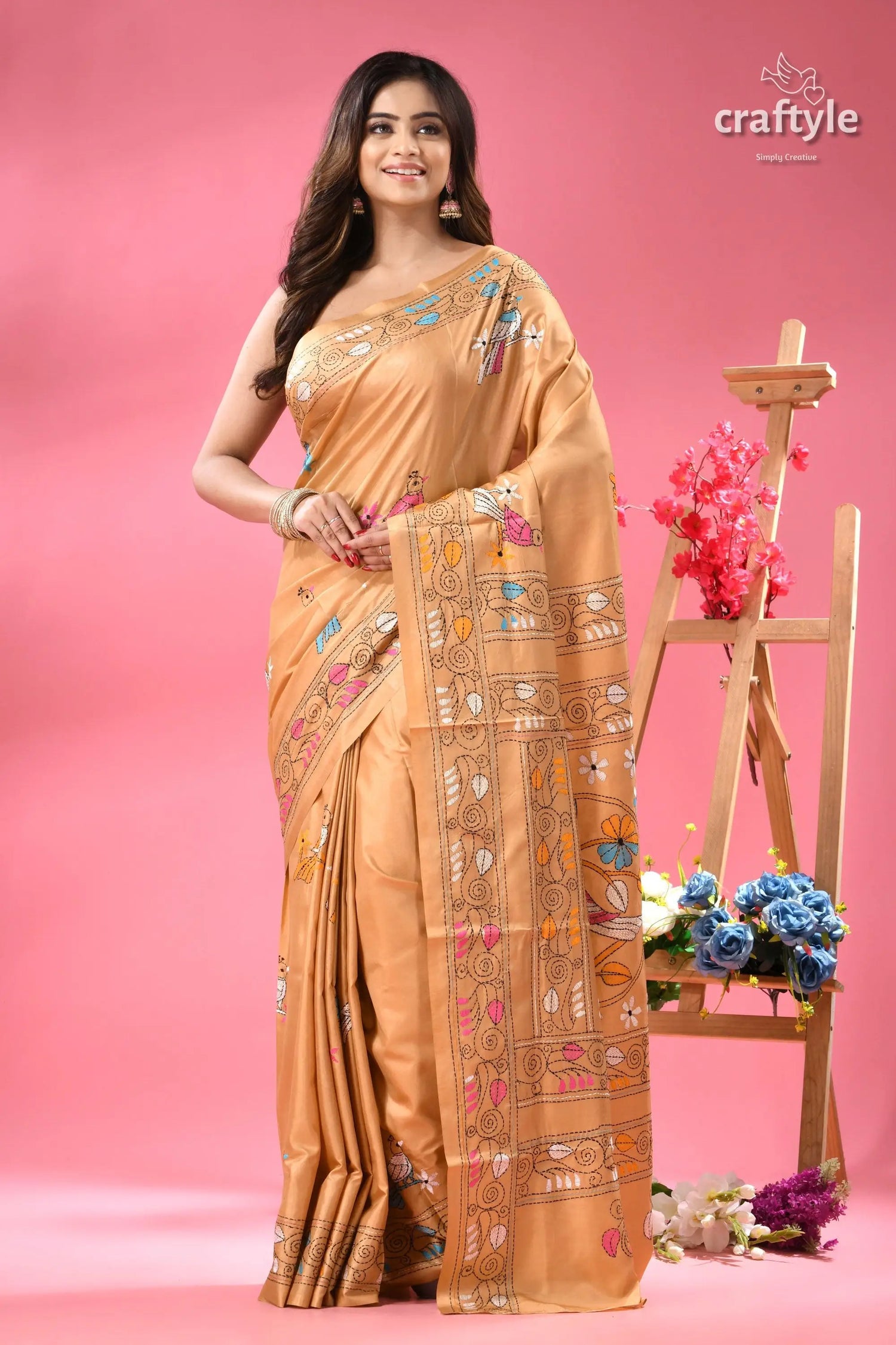 Sapling multicolor nature theme kantha silk saree woman beige silk saree colorful 6