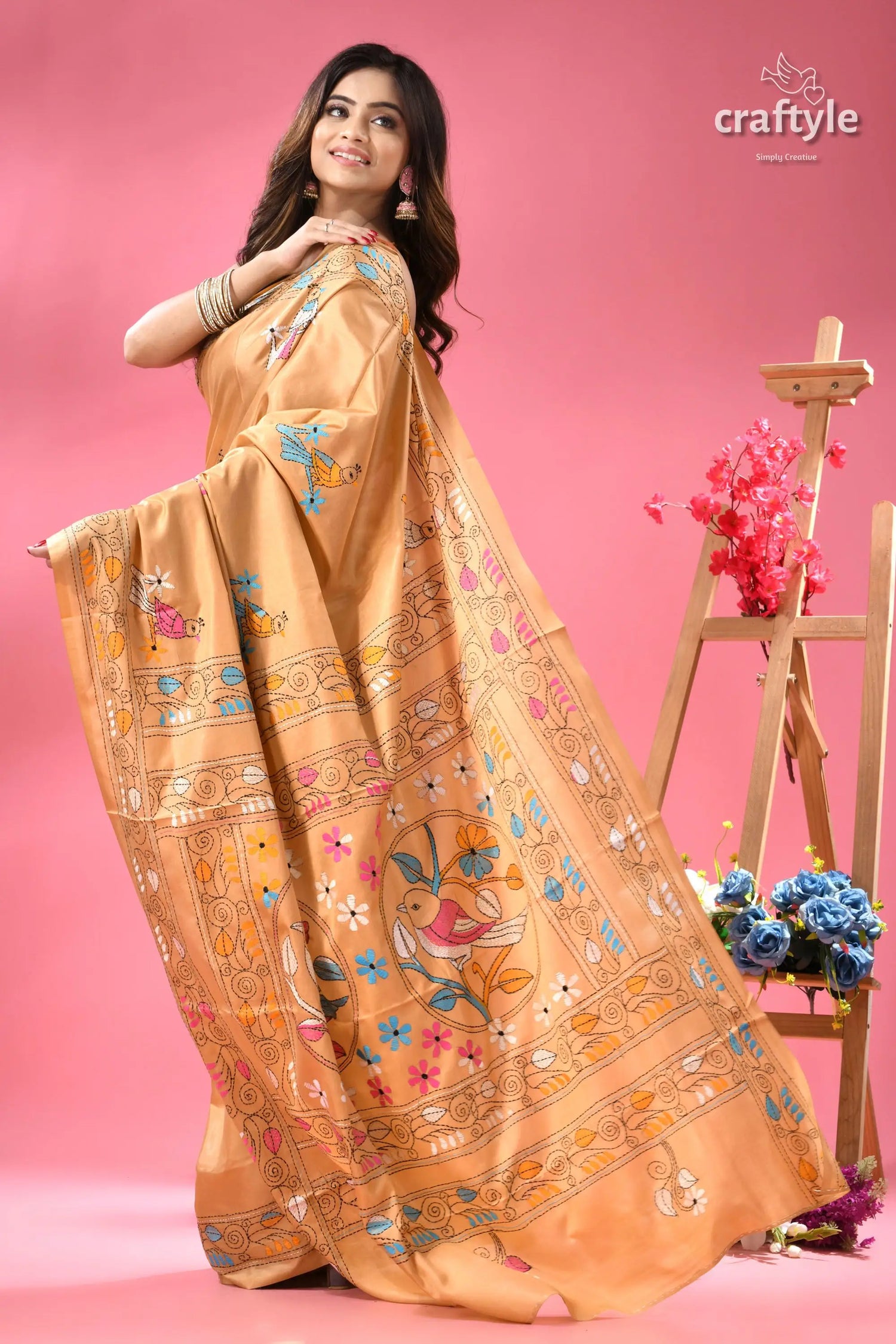 Sapling multicolor nature theme kantha silk saree woman beige silk saree colorful 3