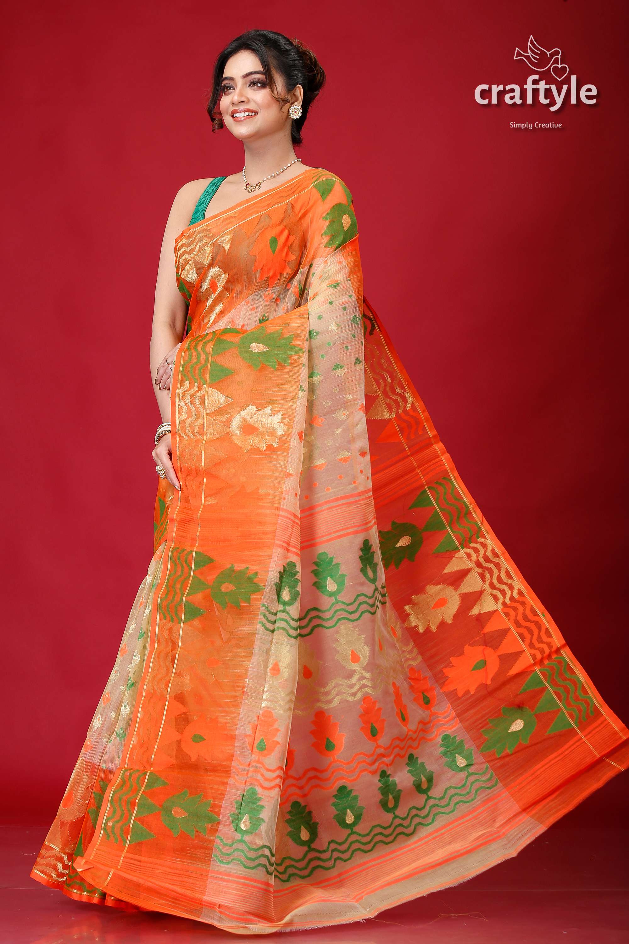 Sapling Orange Graceful Floral Jamdani Saree-Craftyle