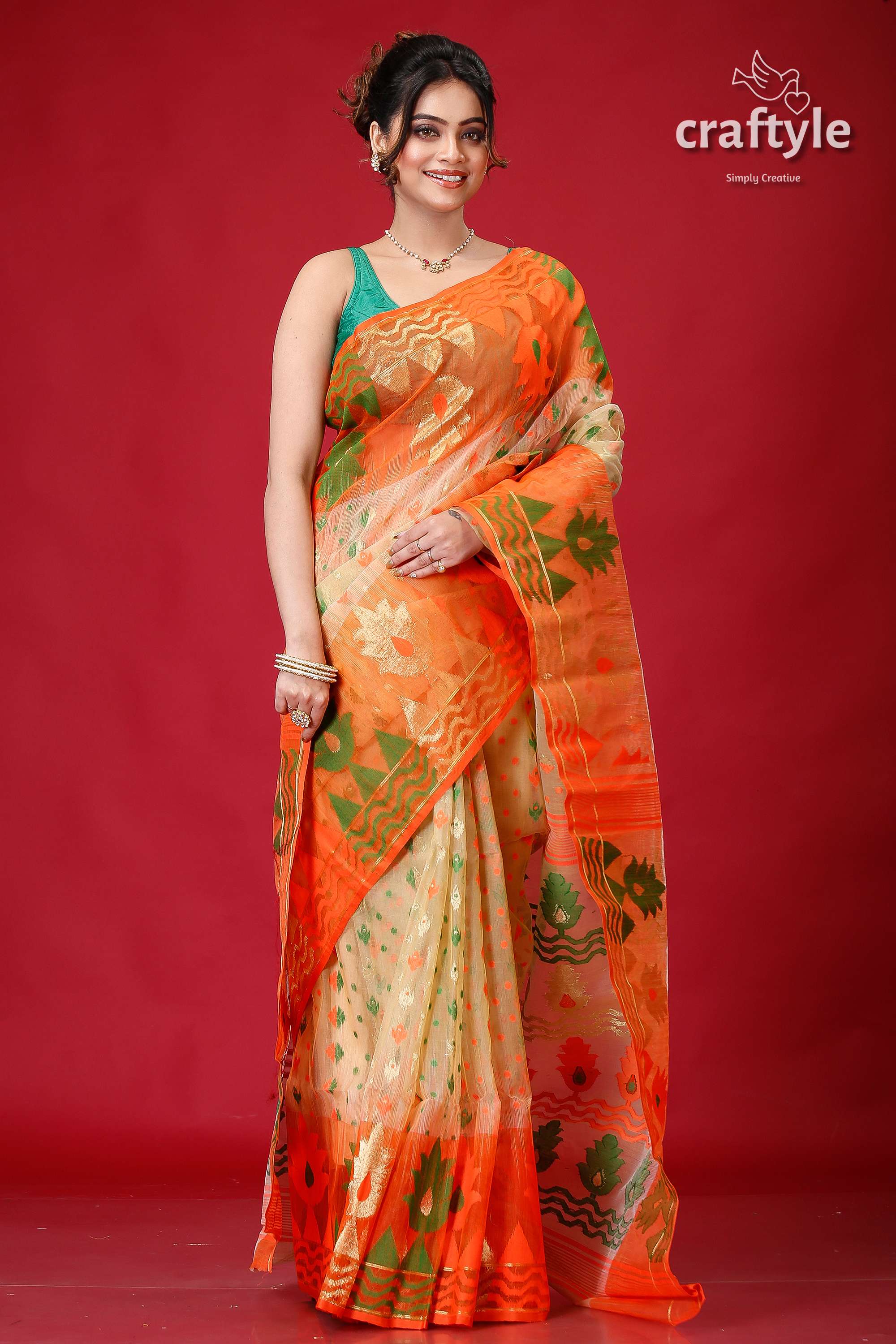 Sapling Orange Graceful Floral Jamdani Saree-Craftyle