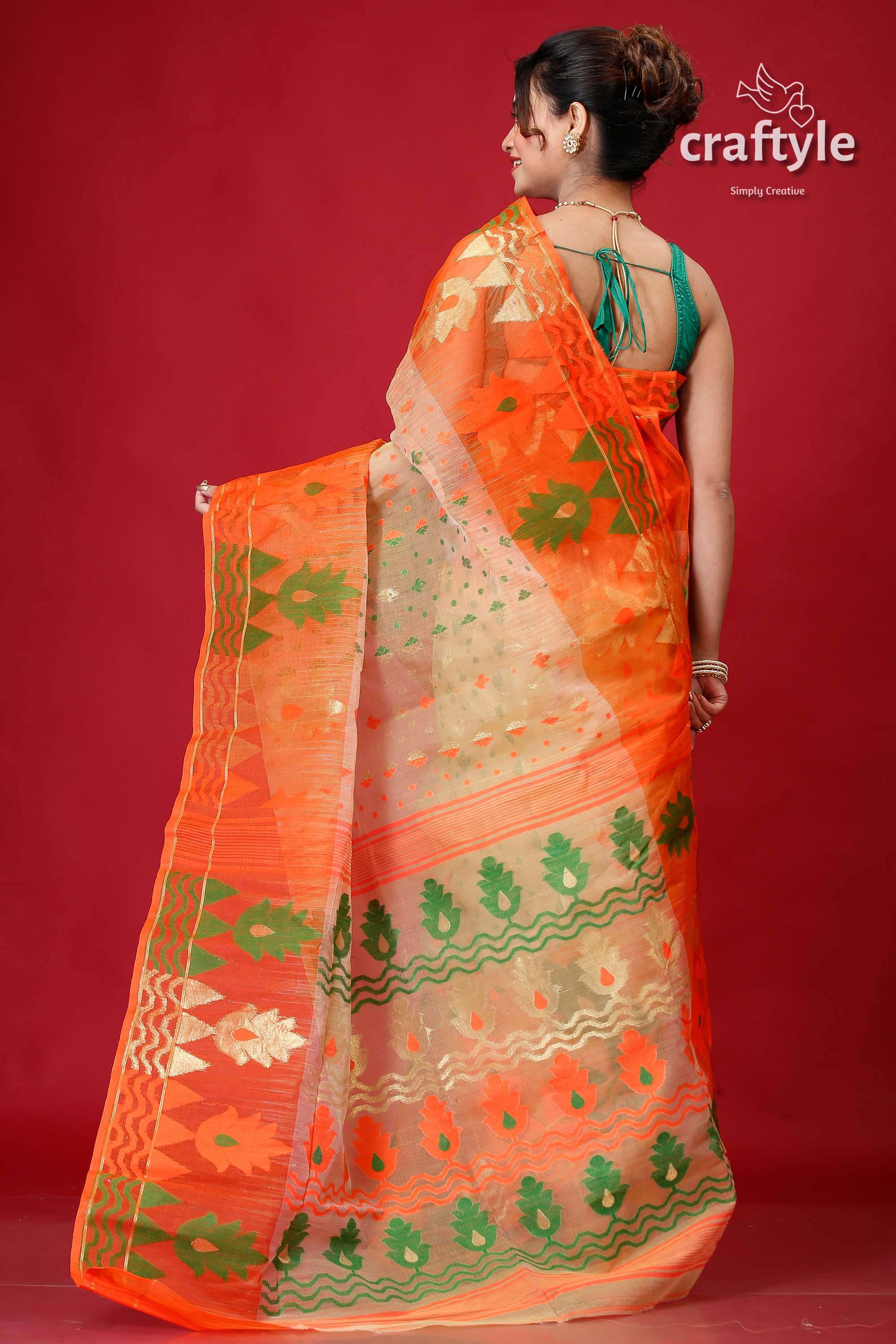 Sapling Orange Graceful Floral Jamdani Saree-Craftyle