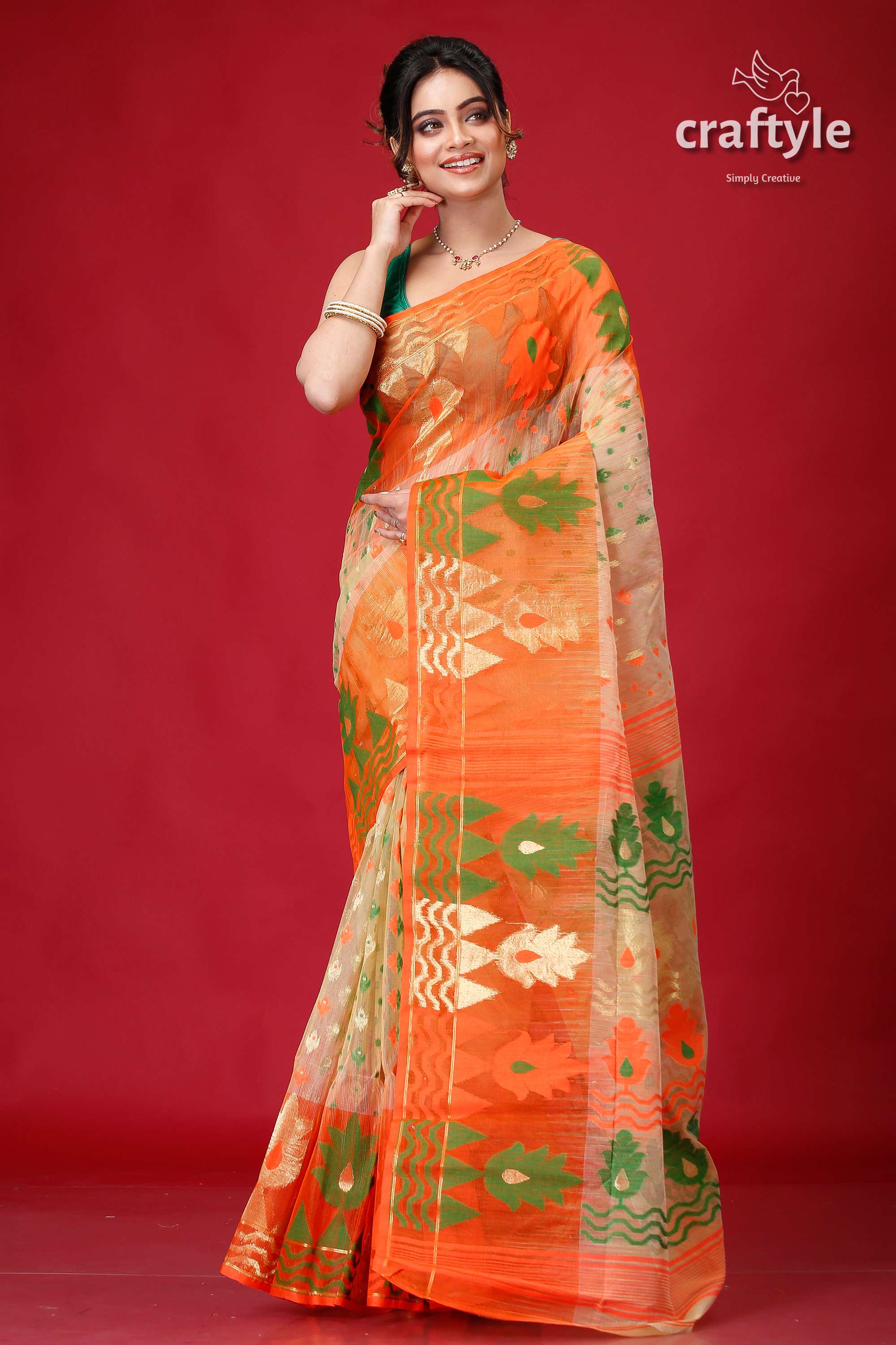 Sapling Orange Graceful Floral Jamdani Saree-Craftyle