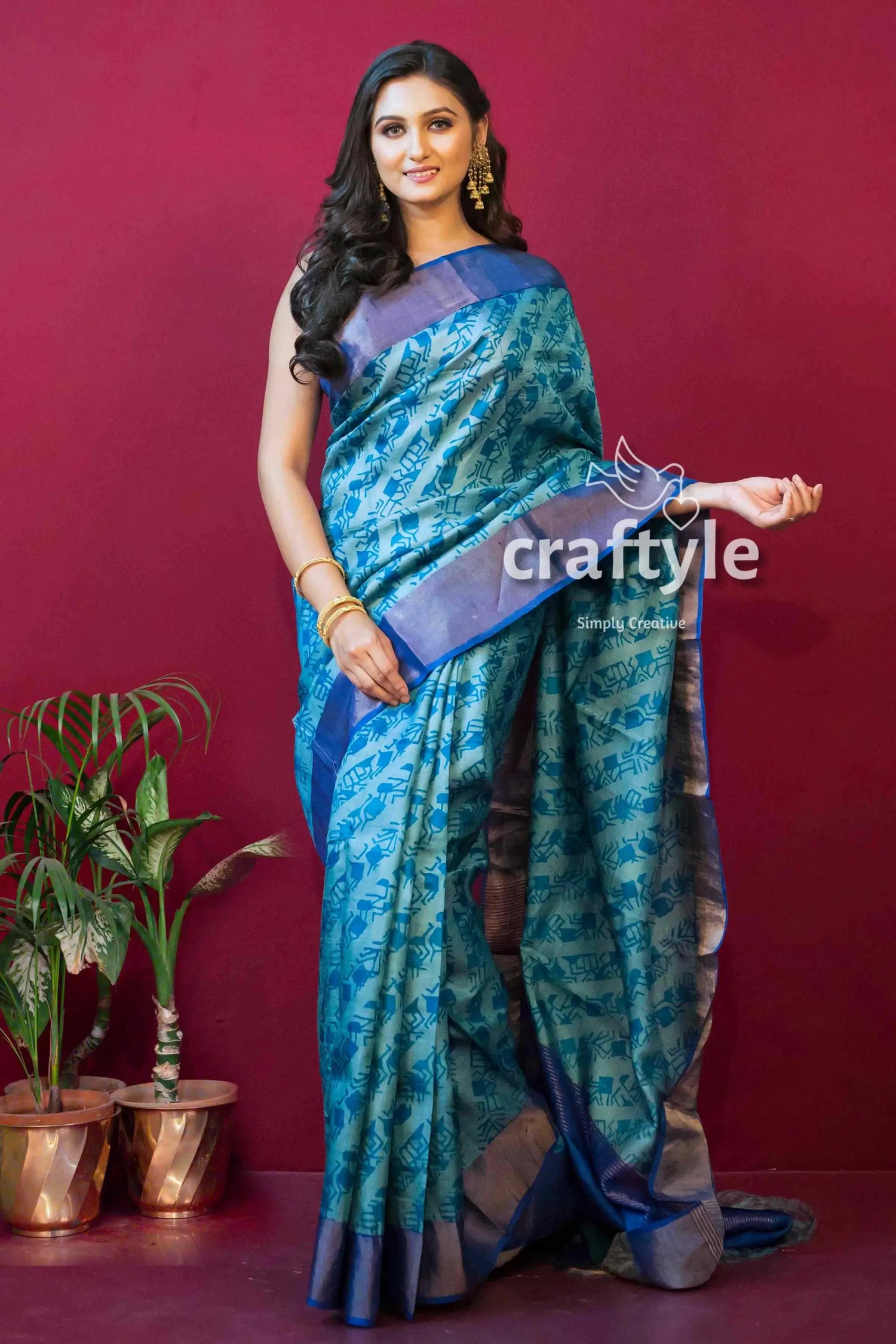 Sapphire blue hand block print pure tussar saree with blouse piece blue patterned saree 3