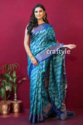 Sapphire blue hand block print pure tussar saree with blouse piece blue patterned saree 3