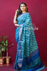 Sapphire blue hand block print pure tussar saree with blouse piece blue patterned saree dark border 1