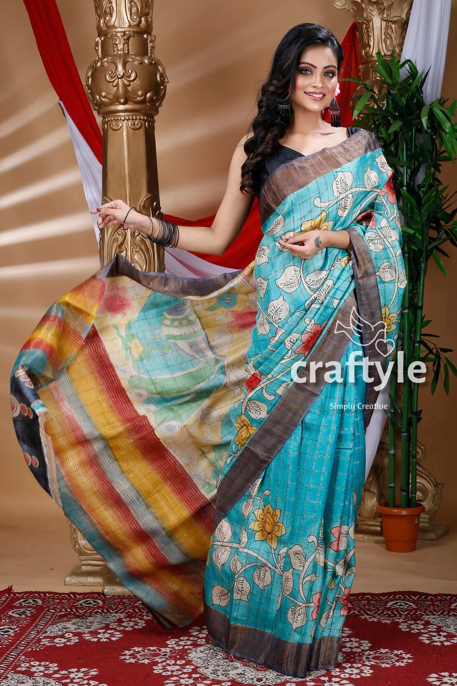 Sapphire blue hand painted zari pure tussar kalamkari saree blue floral-patterned saree 2