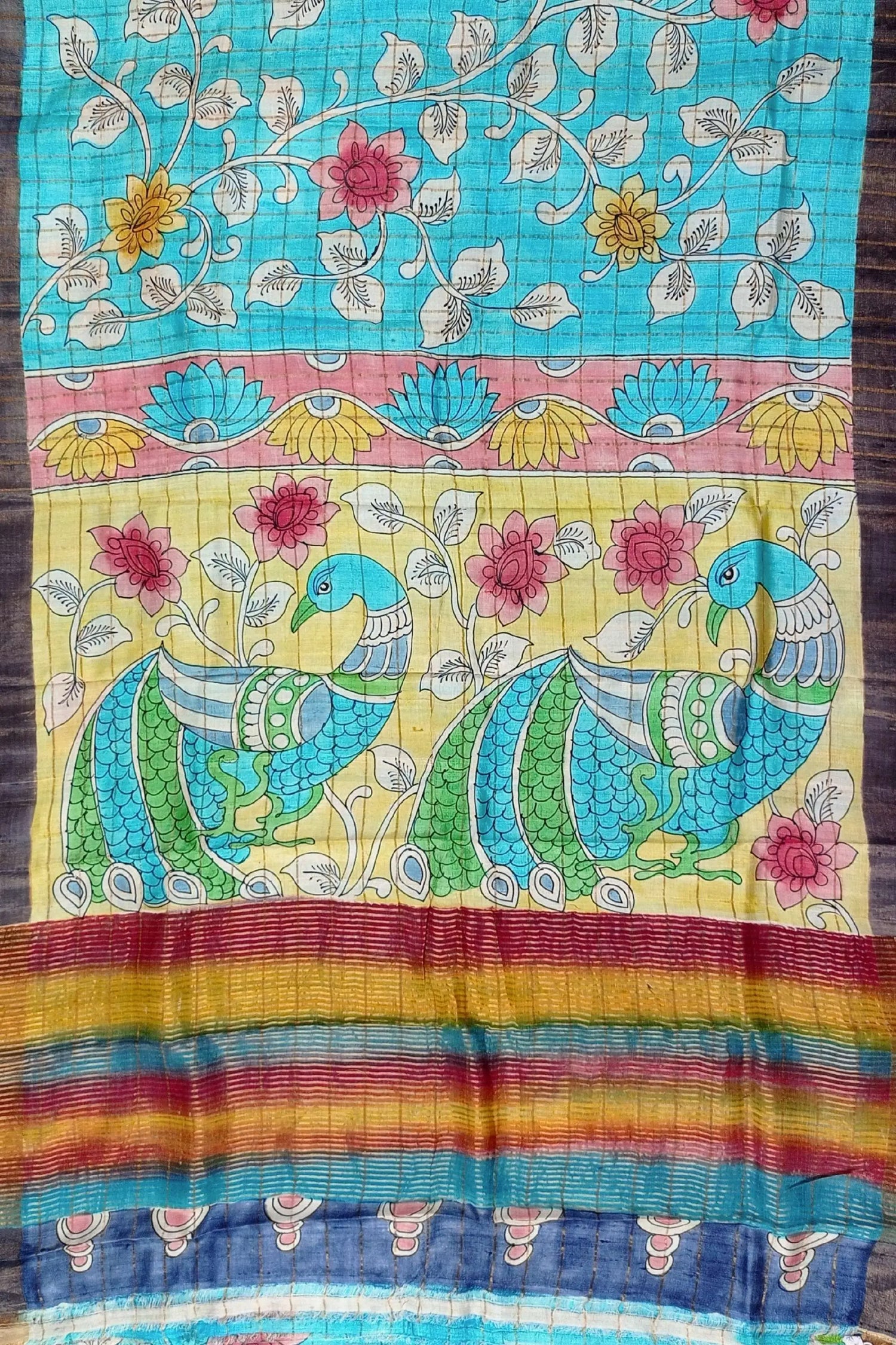 Sapphire blue hand painted zari pure tussar kalamkari saree colorful fabric floral peacock designs 4