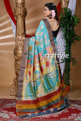 Sapphire blue hand painted zari pure tussar kalamkari saree woman colorful patterned saree 3