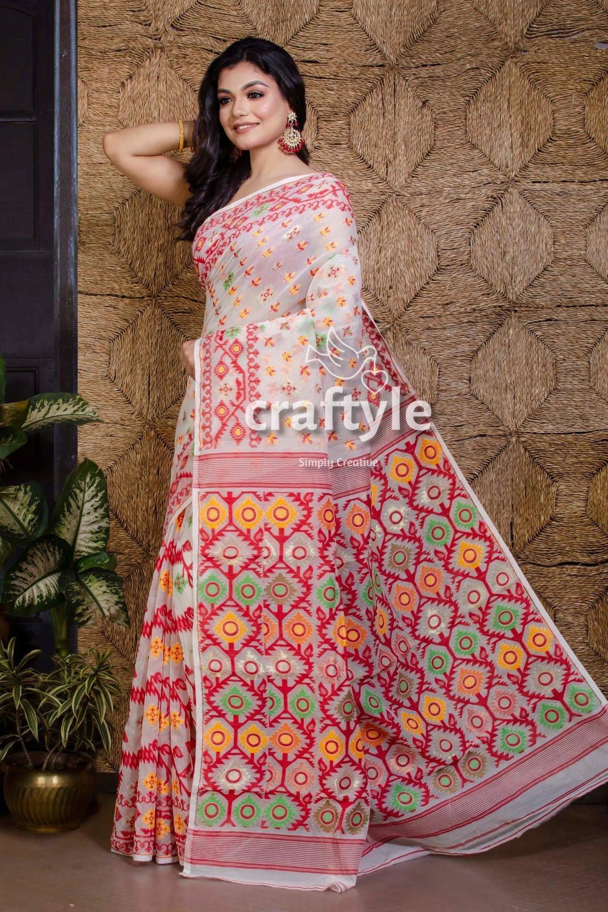 Scarlet red and white handloom dhakai jamdani saree woman patterned saree 4