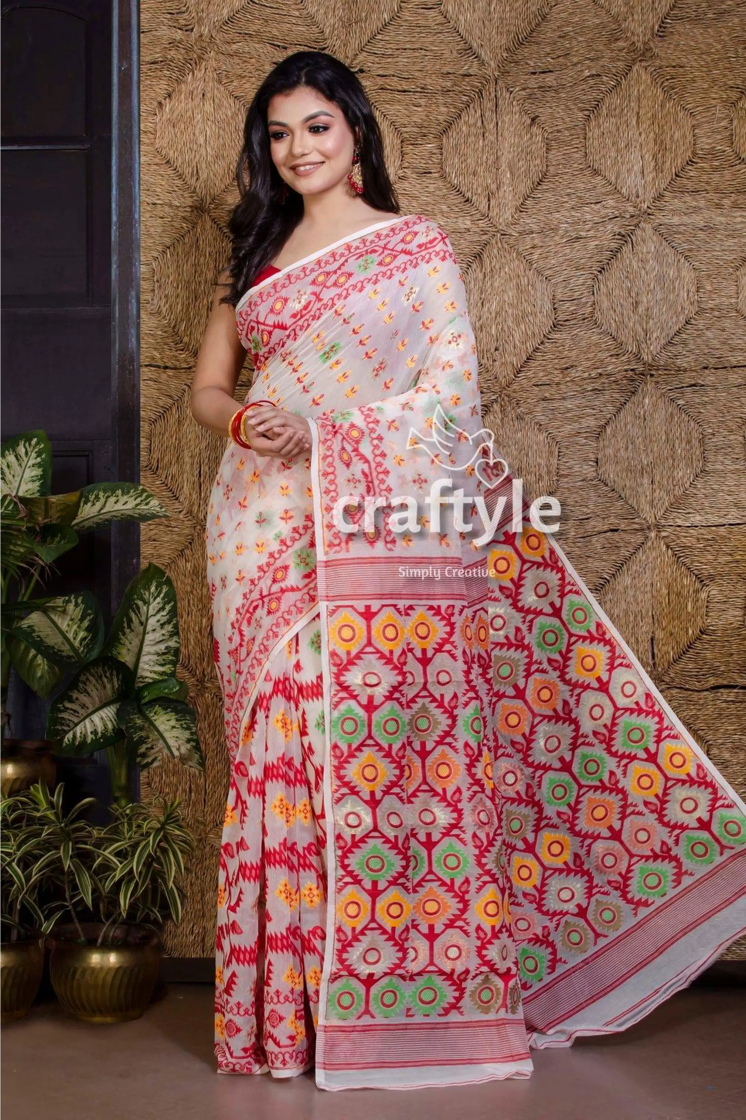 Scarlet red and white handloom dhakai jamdani saree white saree colorful geometric patterns 2