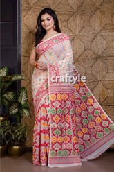 Scarlet red and white handloom dhakai jamdani saree white saree colorful geometric patterns 2