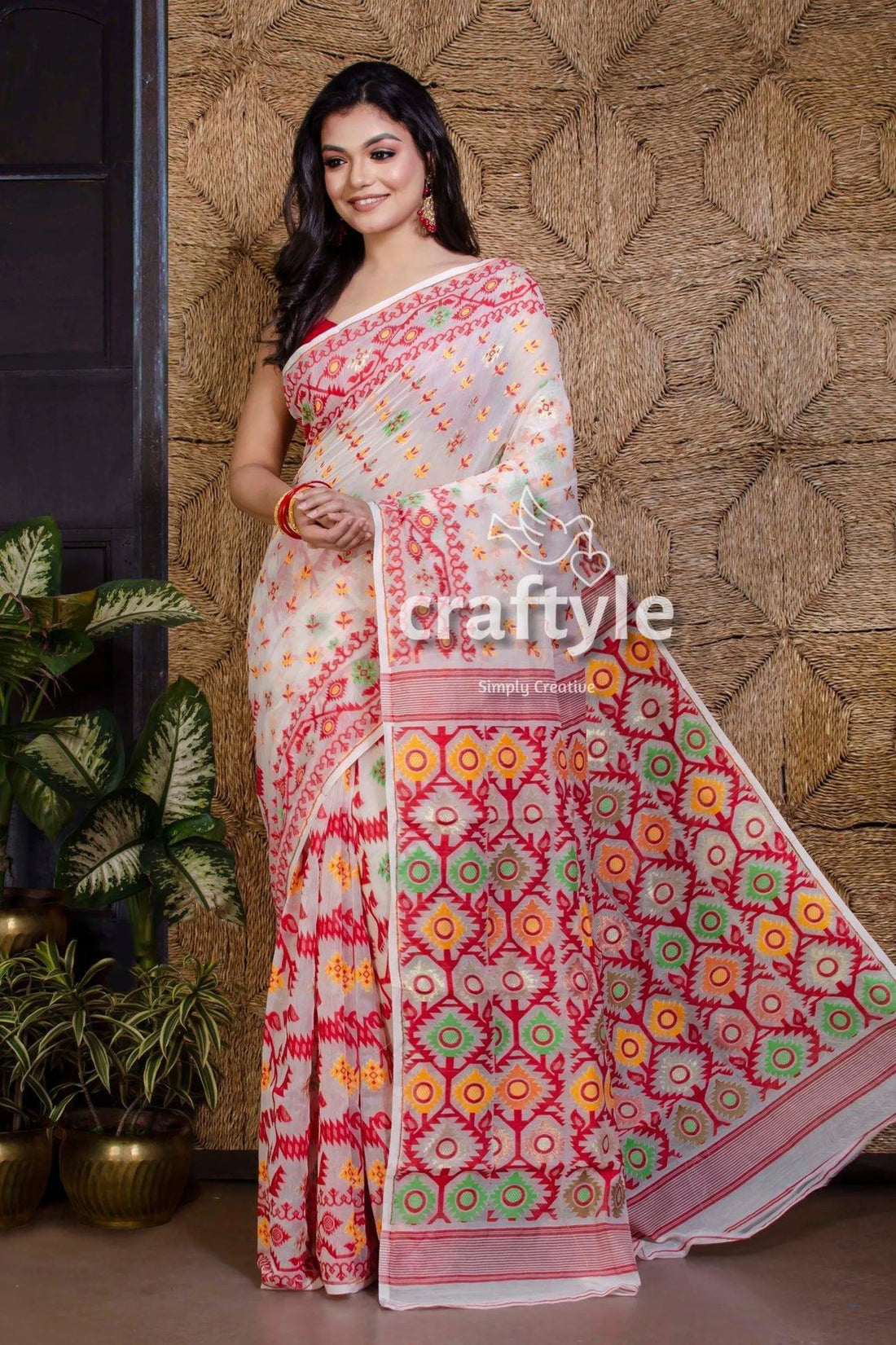 Scarlet red and white handloom dhakai jamdani saree white saree colorful geometric patterns 2