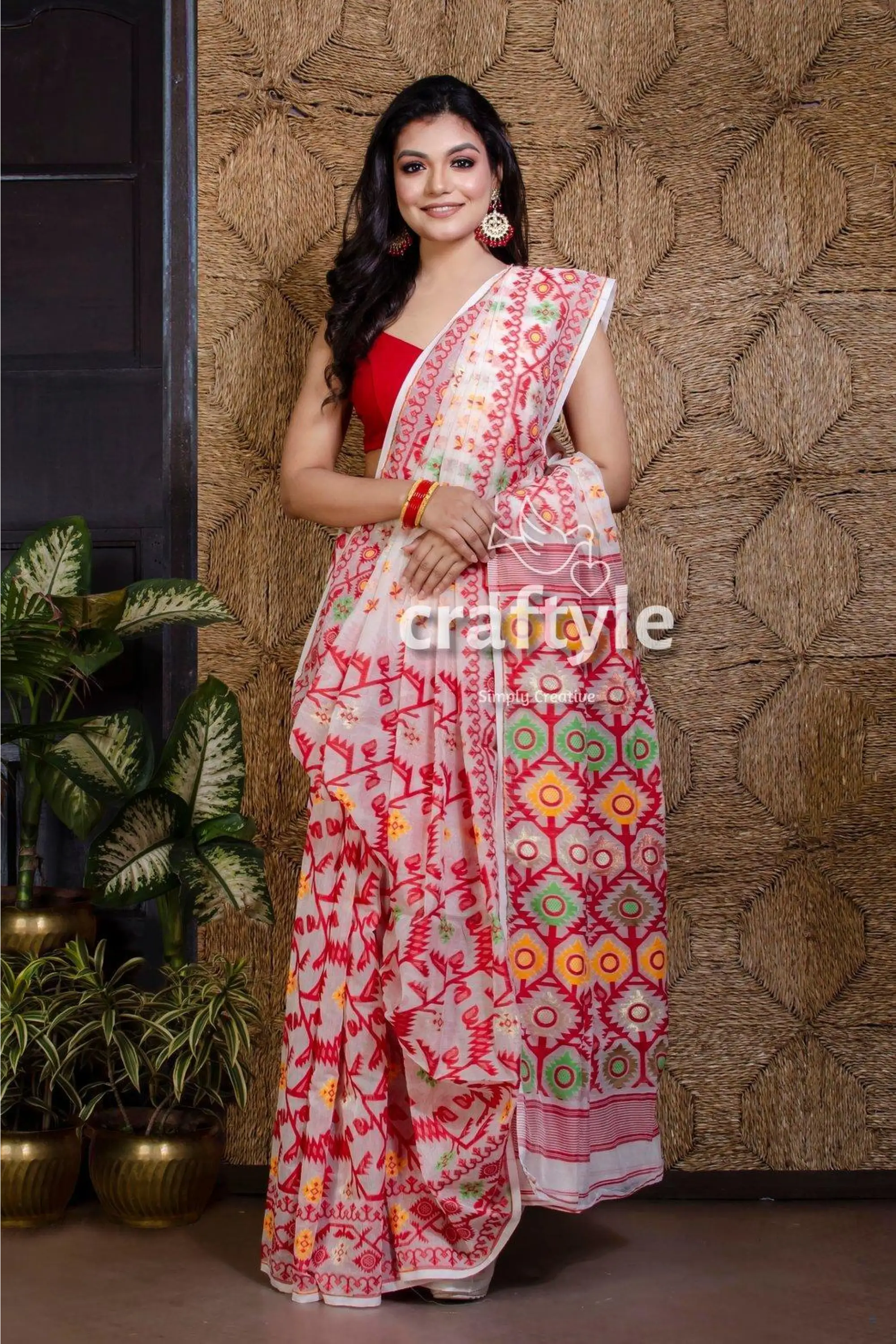 Scarlet red and white handloom dhakai jamdani saree woman patterned saree 3