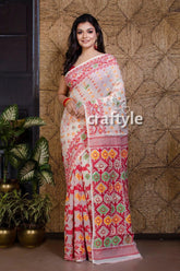 Scarlet red and white handloom dhakai jamdani saree woman white pink patterned saree 1