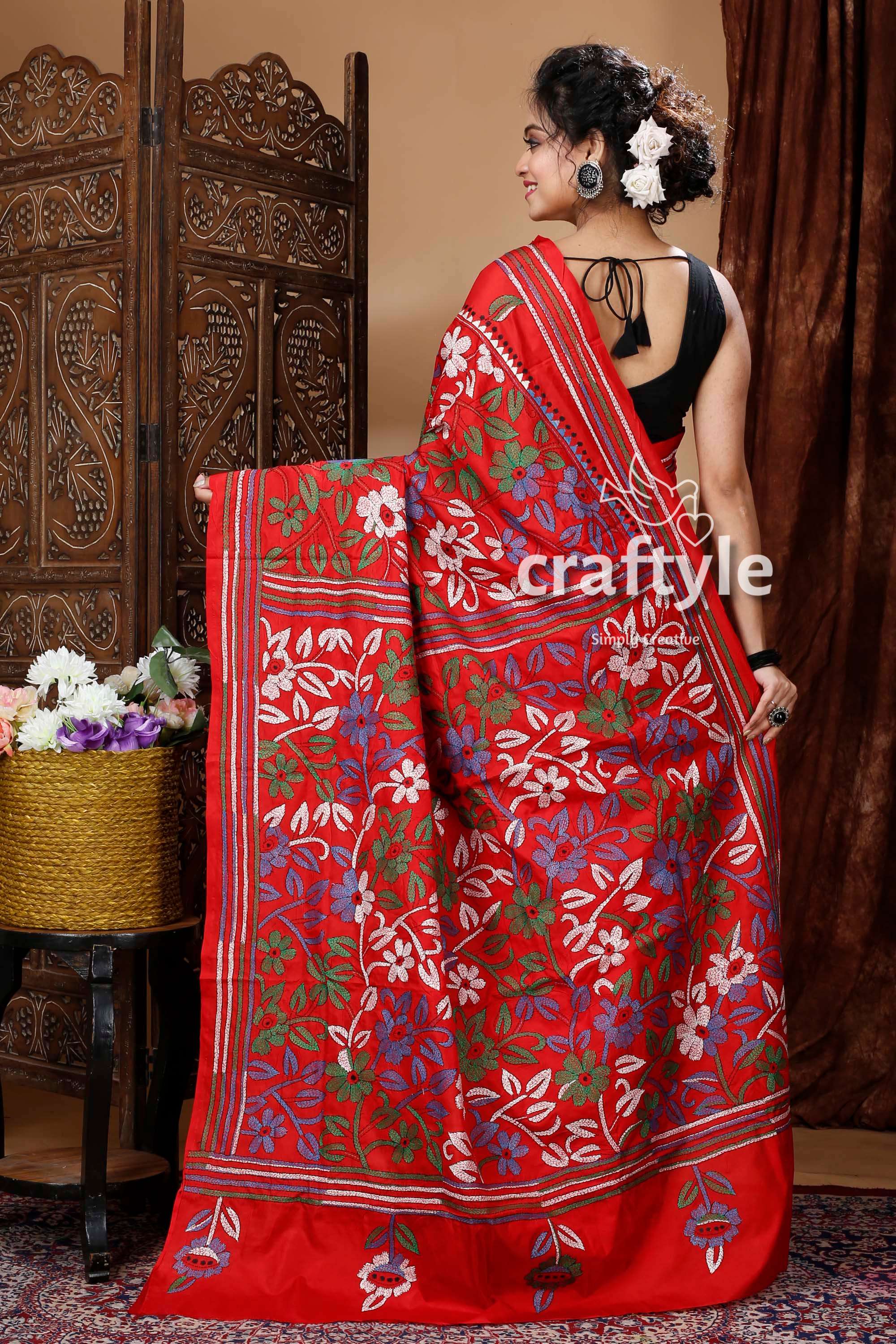 Scarlet Red Bengal Heritage Kantha Silk Saree-Craftyle