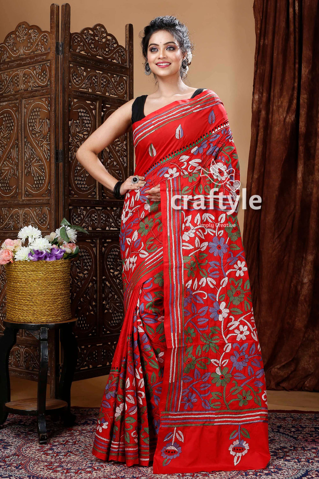 Scarlet Red Bengal Heritage Kantha Silk Saree-Craftyle