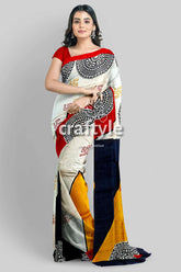 Scarlet red black hand block print mulberry silk saree - pure for women woman patterned saree 2