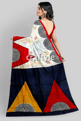 Scarlet red black hand block print mulberry silk saree - pure for women colorfully patterned saree 3