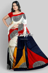 Scarlet red black hand block print mulberry silk saree - pure for women woman red white blue saree 1