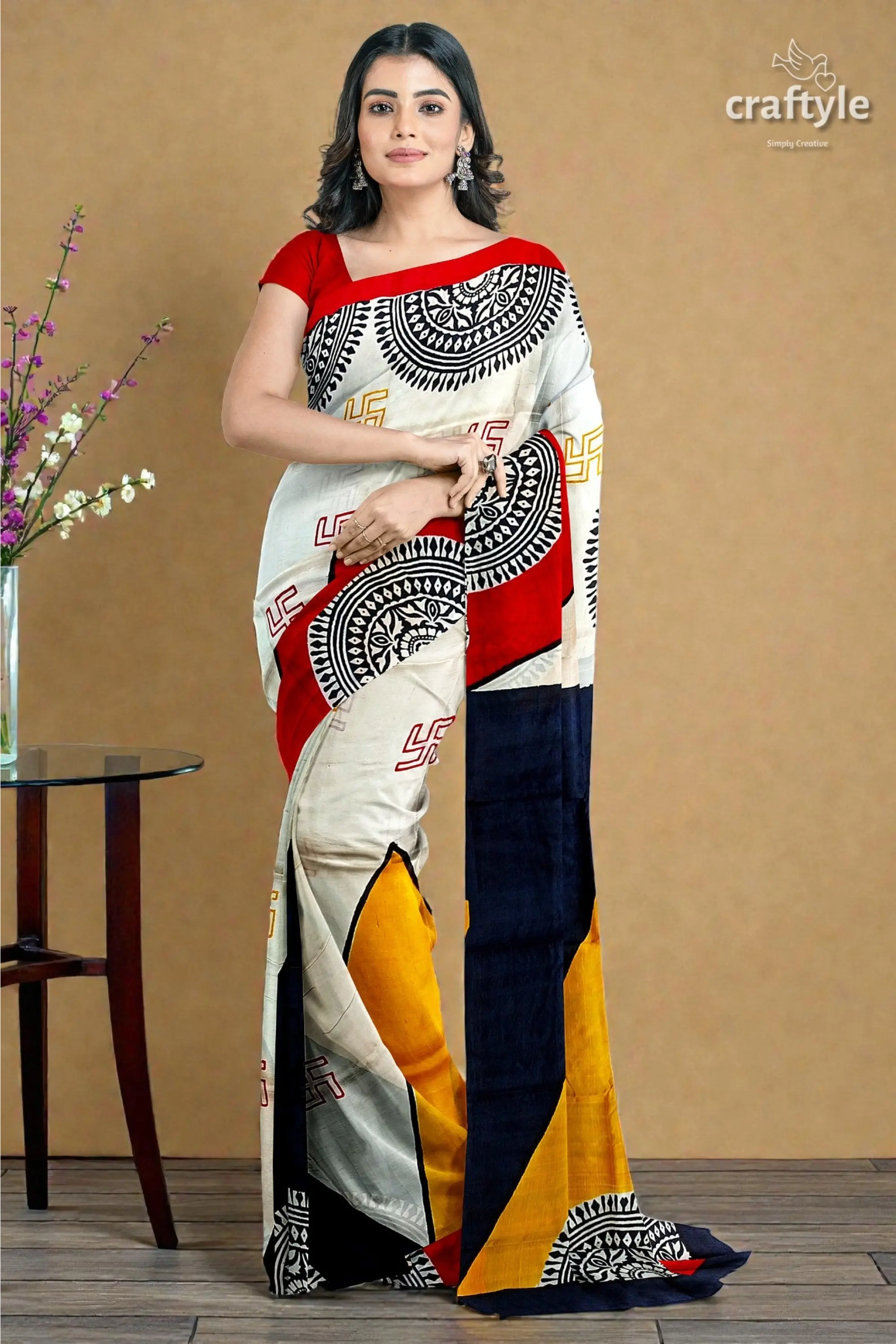 Scarlet red black hand block print mulberry silk saree - pure for women 2