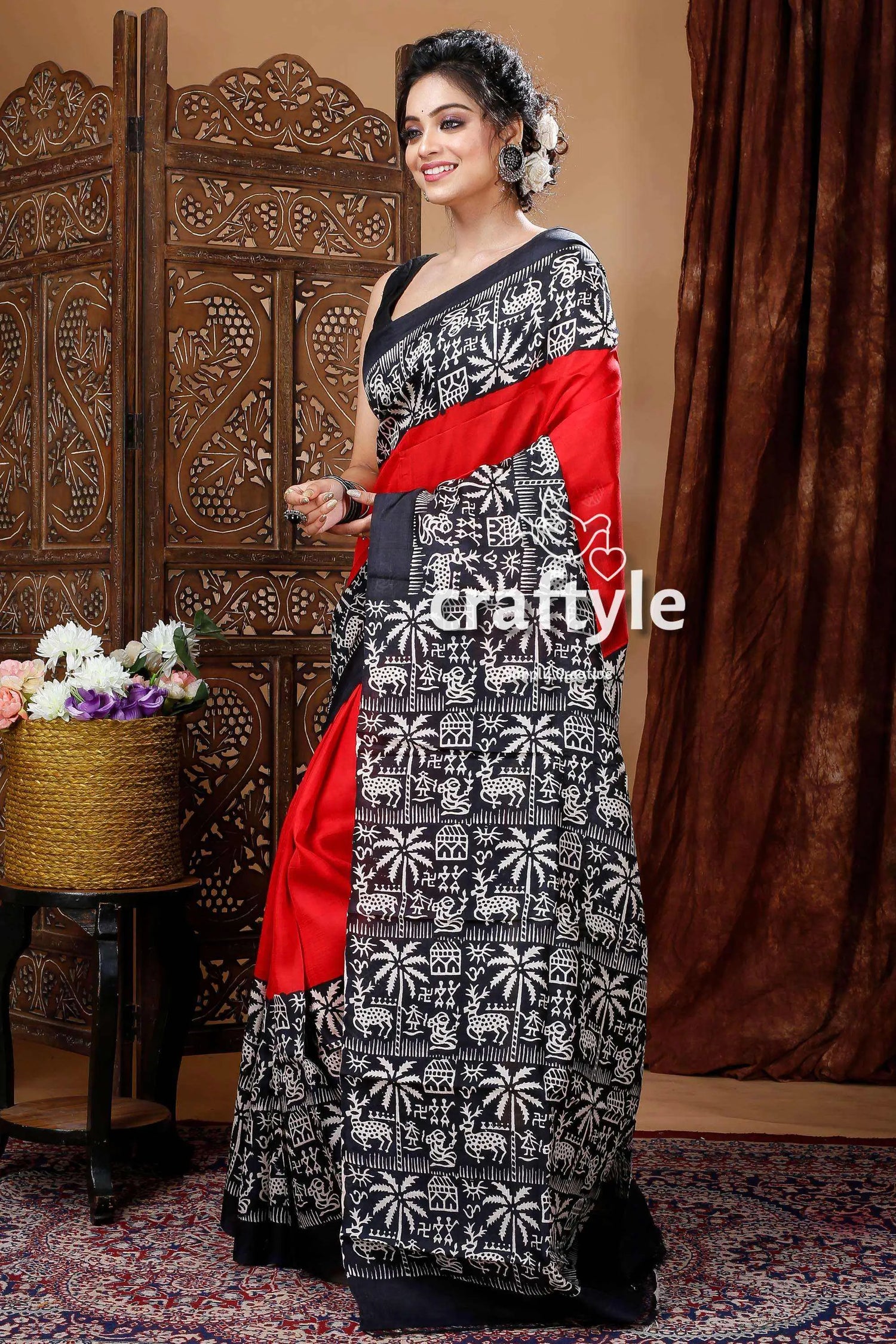 Scarlet red & black pure mulberry silk hand block saree woman patterned saree 4