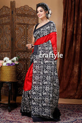 Scarlet red & black pure mulberry silk hand block saree woman patterned saree 4