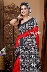 Scarlet red & black pure mulberry silk hand block saree woman black red white patterned 2