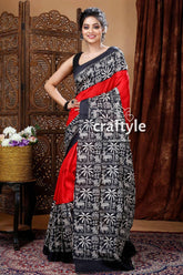 Scarlet red & black pure mulberry silk hand block saree woman red black patterned saree 3